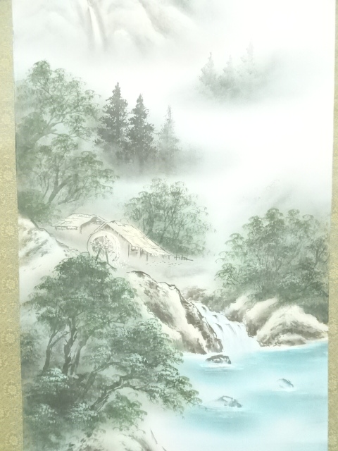 4 近代作家/計錚/表具/肉筆/色彩/山水 掛軸 華国『彩色山水図』絹本 肉筆 中島清堂識箱 共箱付 掛け軸